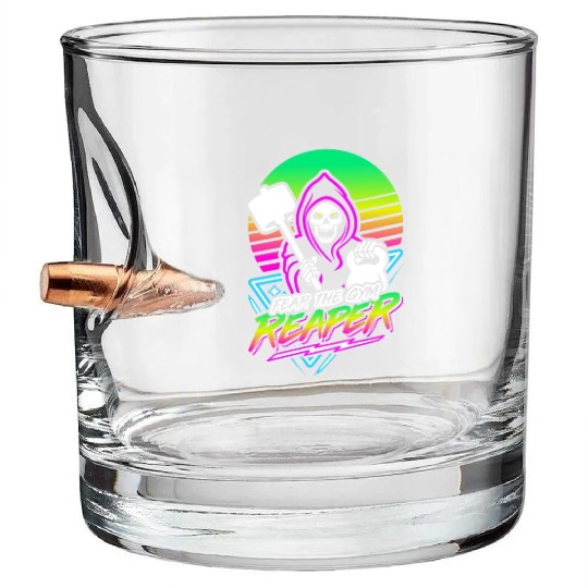 Fear The Gym Reaper Fitness Retro Neon Synthwave Bullet Whiskey Glasses