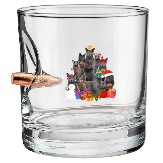 Funny Russian Blue Christmas Tree Pet Cat Lover Bullet Whiskey Glasses