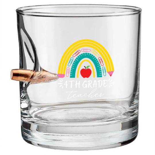 4th grade teacher back to school rainbow pencil Bullet Whiskey Glasses