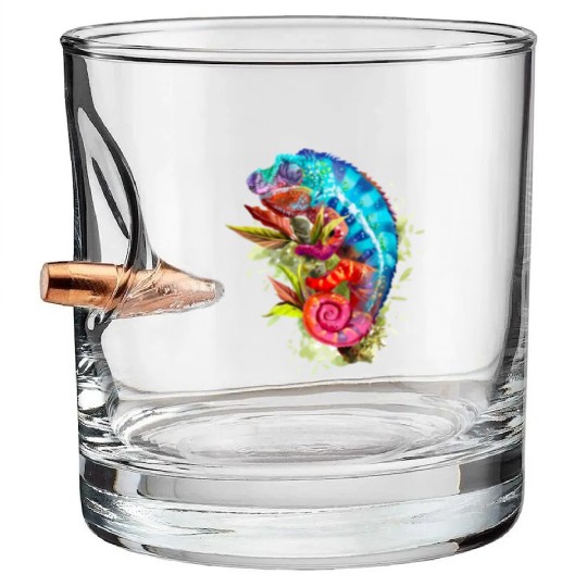 A chameleon is sitting on a branch 11 1 Bullet Whiskey Glasses