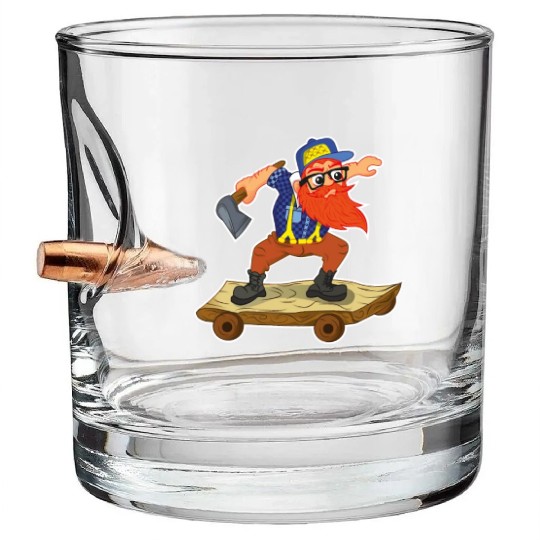 Redhead Lumberjack on Wooden Skateboard Bullet Whiskey Glasses
