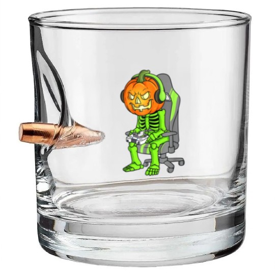 Gaming Halloween Skeleton Jack O Lantern Gamer Boy Bullet Whiskey Glasses