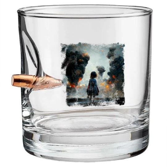 Kid in war looking at explosion AI painting Bullet Whiskey Glasses