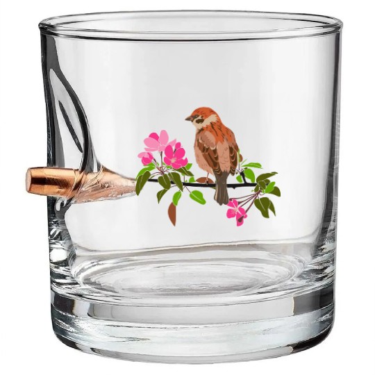Sparrow on a branch pink flowers of an apple tree Bullet Whiskey Glasses