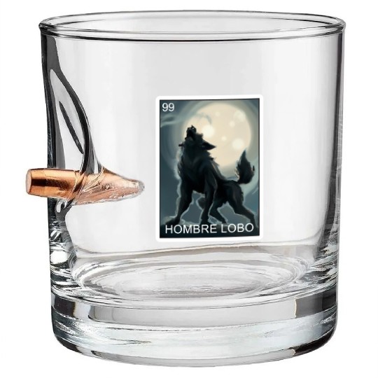 Hombre Lobo Werewolf Card Mexican Lottery Bullet Whiskey Glasses