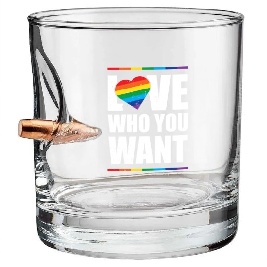 LGBT Love Who You Want Gay Pride Rainbow Heart Bullet Whiskey Glasses