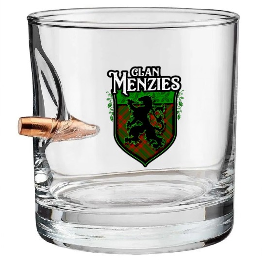 Clan Menzies Scottish Tartan Rampant Lion Celtic Bullet Whiskey Glasses