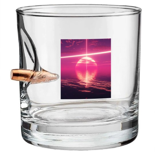 Vaporwave Aesthetic Sunset Above Reflecting Sea Bullet Whiskey Glasses