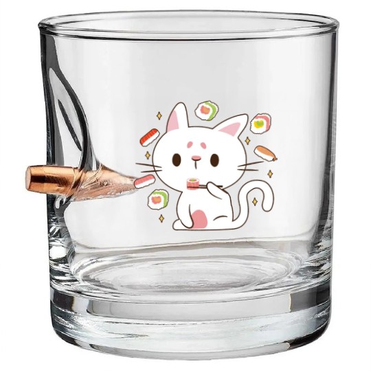 Kawaii Cat Eating Sushi Japanese Raw Food Bullet Whiskey Glasses