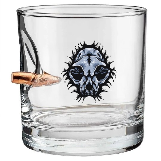 Cat Skull Bursting out gray scale oddities Bullet Whiskey Glasses