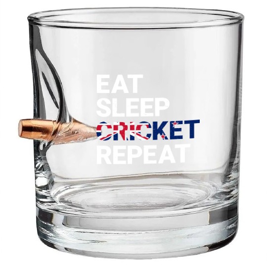 Eat Sleep Cricket Repeat NZ Flag Sports Gift Bullet Whiskey Glasses