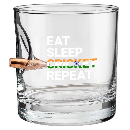 Eat Sleep Cricket Repeat IND Flag Sports Gift Bullet Whiskey Glasses