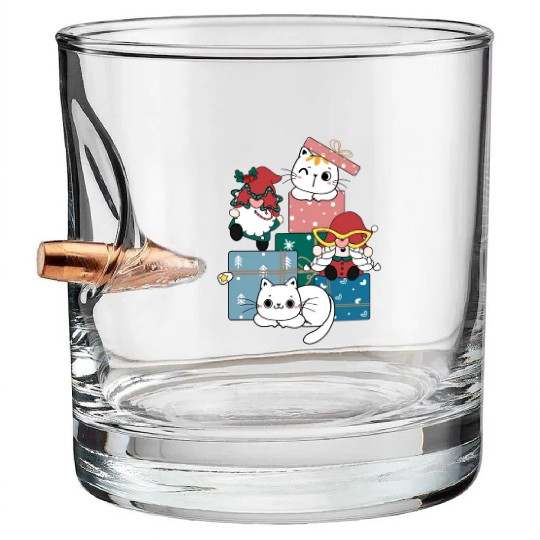 cute gnome and kitty cats on present gift box Bullet Whiskey Glasses