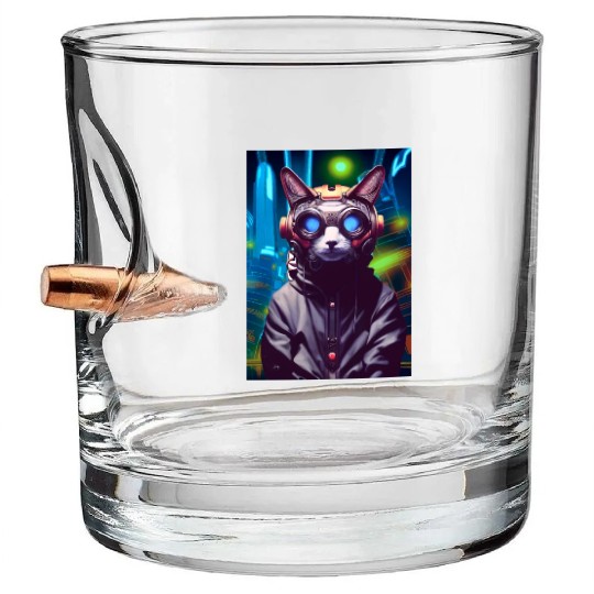 Techno Cat In Japan Neon City Bullet Whiskey Glasses