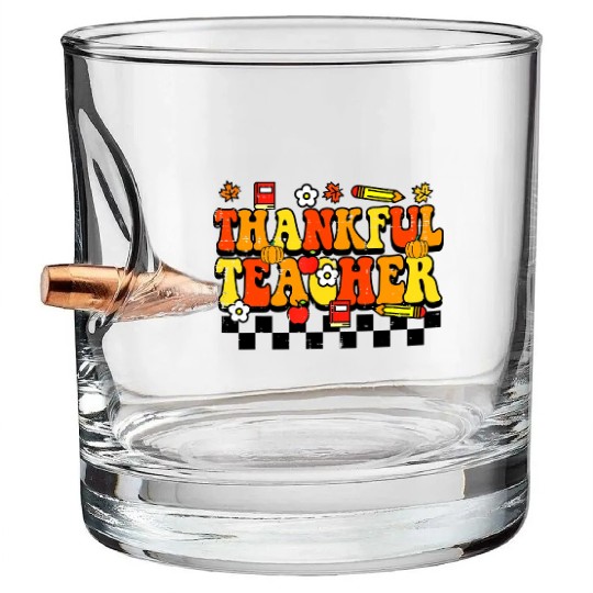 Thankful Teacher Retro Groovy Thanksgiving Fall Bullet Whiskey Glasses