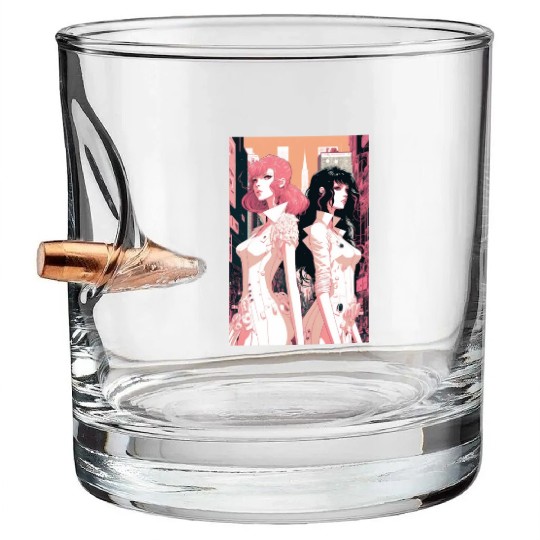 Pink and Black - Cyberpunk Illustrated Portrait Bullet Whiskey Glasses