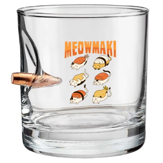 Cat Sushi Meow Design for a Cat Lady or Cat Mom Bullet Whiskey Glasses