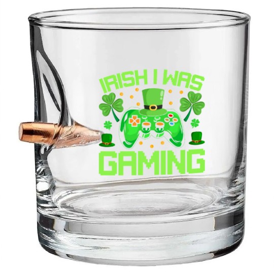 Irish I Was Gaming Funny St Patricks Day Gamer Boy Bullet Whiskey Glasses