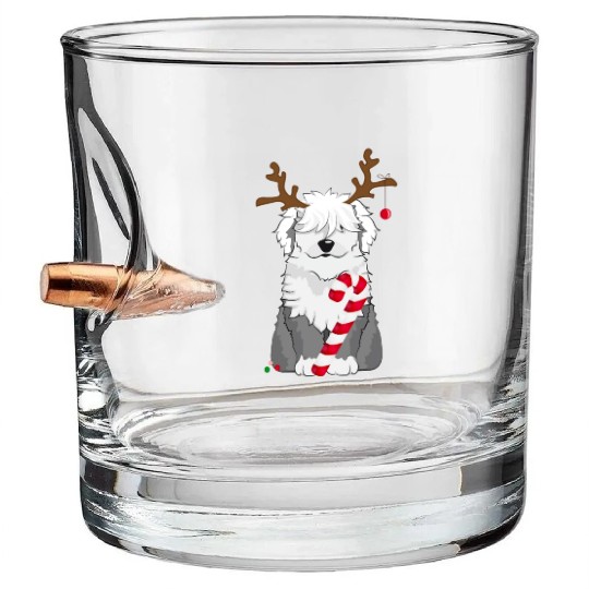 Bobtail dog with candy cane and reindeer antlers Bullet Whiskey Glasses