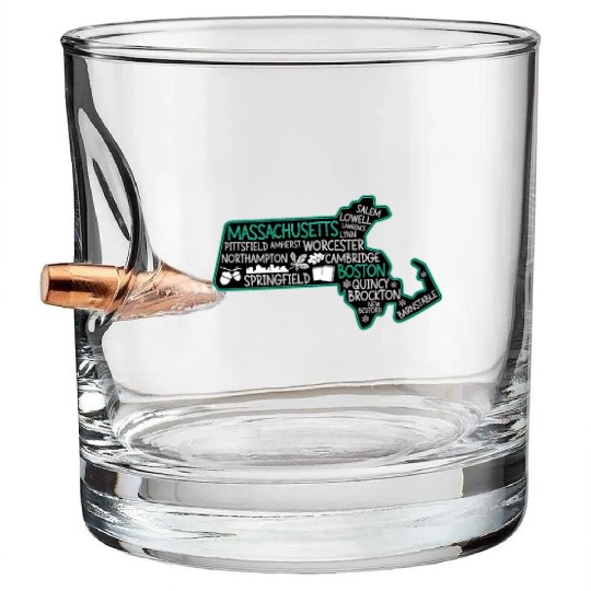 Massachusetts Boston cute map Salem Lowell Lawrenc Bullet Whiskey Glasses