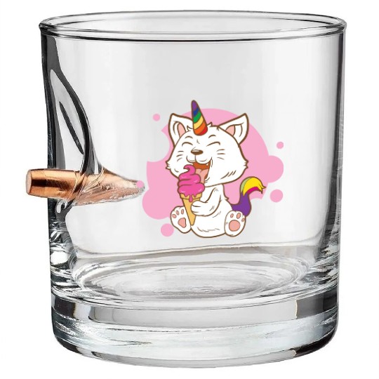 Cat Eating Ice Cream Rainbow Cat Lady Gift Idea Bullet Whiskey Glasses