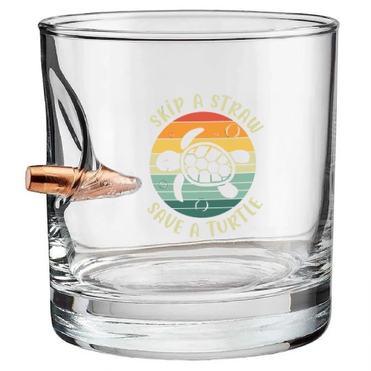 Skip A Straw Save A Turtle Retro Sunset Sea Turtle Bullet Whiskey Glasses