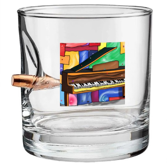 A beautiful piano in front of a colorful art Bullet Whiskey Glasses