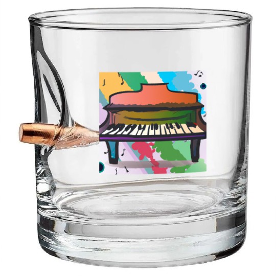 A beautiful piano in front of a colorful rainbow Bullet Whiskey Glasses
