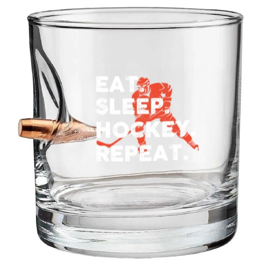 Eat Sleep Hockey Repeat Hockey Funny Ice Hockey Bullet Whiskey Glasses