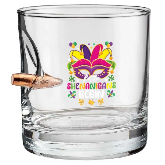 Shenanigans Mask Festival Parade Beads Mardi Gras Bullet Whiskey Glasses
