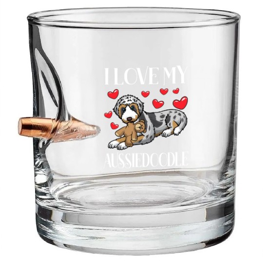 Aussiedoodle Dog With Stuffed Animal Bullet Whiskey Glasses