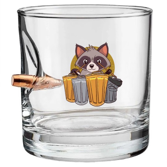 Raccoon Playing Drums Using Trash Cans - Funny Bullet Whiskey Glasses