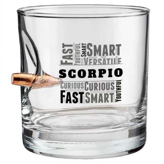 Scorpio Zodiac Star Sign Word Cloud Square Monochr Bullet Whiskey Glasses