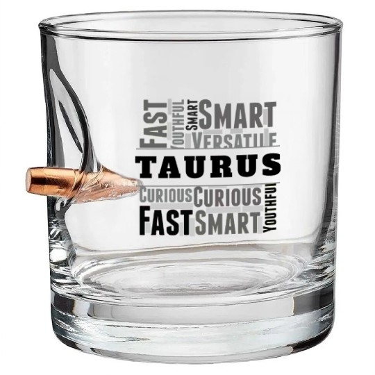 Taurus Zodiac Star Sign Word Cloud Square Monochro Bullet Whiskey Glasses