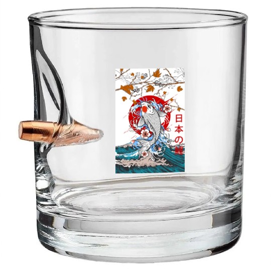 Great Wave off Kanagawa Japanese Blossom Koi Fish Bullet Whiskey Glasses