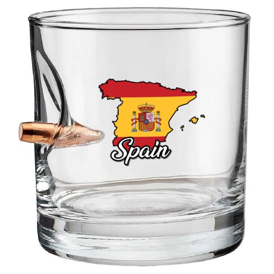 Spain Flag Map, Patriotic Inscription, Country. Bullet Whiskey Glasses