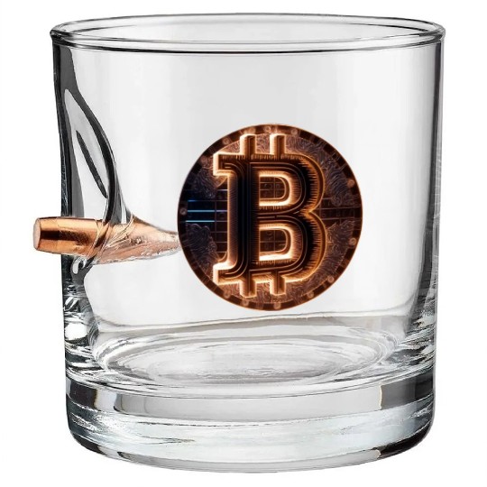Bitcoin Gold logo Fire futuristic neon light Bullet Whiskey Glasses