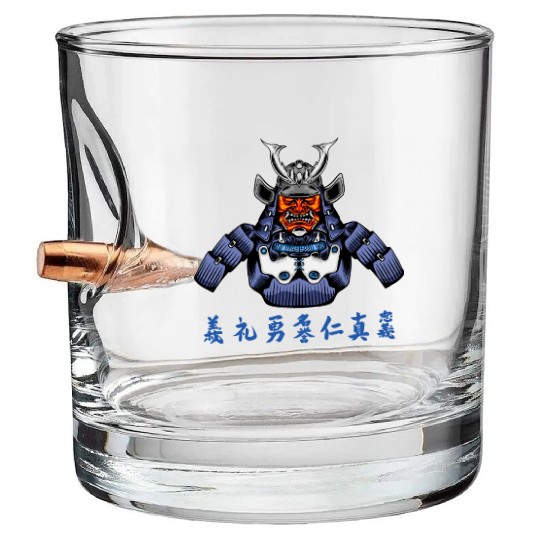 Japanese Samurai Warrior Blue Devil Mask Bullet Whiskey Glasses