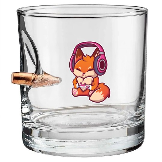 Cute Fox with Headphones Playing Video games Gamer Bullet Whiskey Glasses