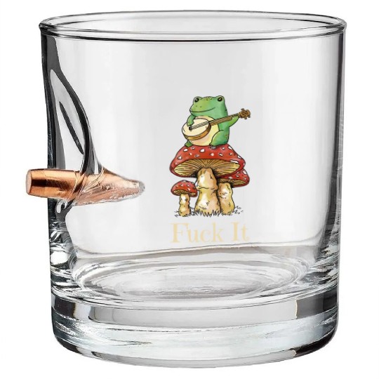 Cottagecore Frog Playing Guitar says Fuck It Bullet Whiskey Glasses