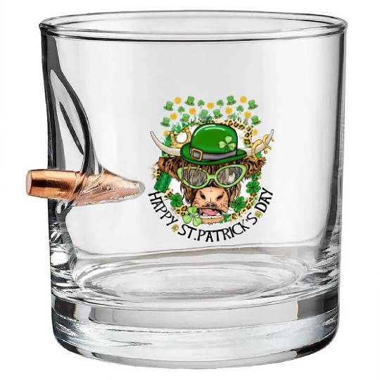 Happy St. Patrick's Day, Funny Cow, Hat and Gold Bullet Whiskey Glasses