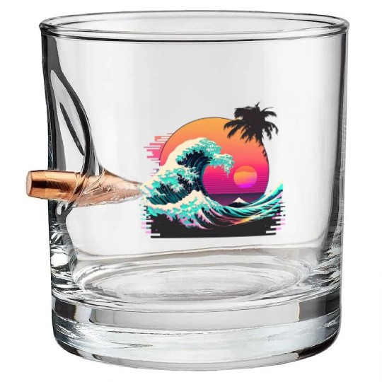 Vaperwave Aesthetic Glitch Great Wave Retrowave Sy Bullet Whiskey Glasses