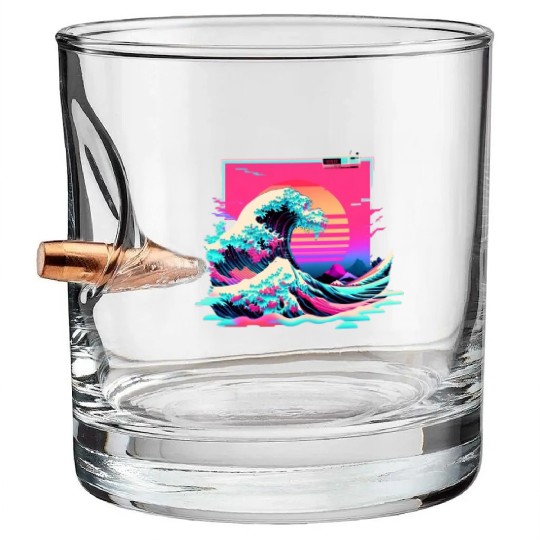 Vaperwave Aesthetic Glitch Great Wave Retrowave Sy Bullet Whiskey Glasses