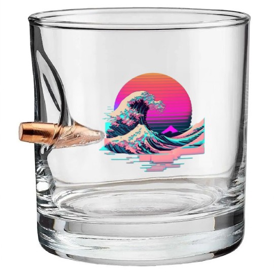Vaperwave Aesthetic Glitch Great Wave Retrowave Sy Bullet Whiskey Glasses