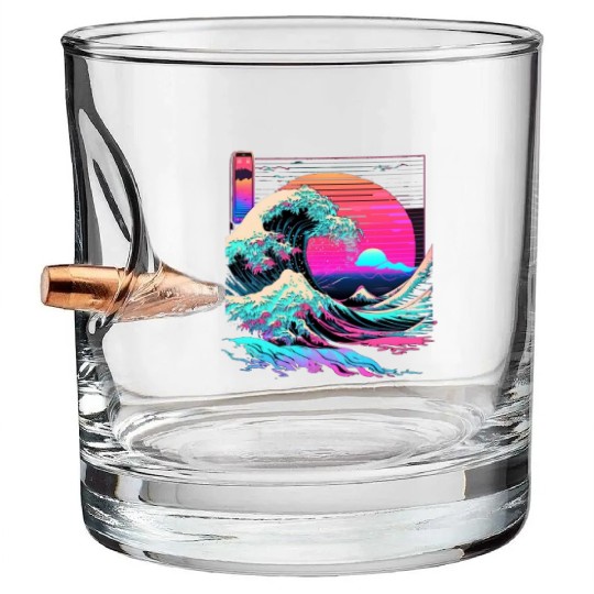 Vaperwave Aesthetic Glitch Great Wave Retrowave Sy Bullet Whiskey Glasses