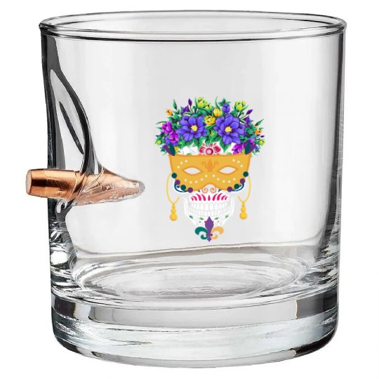 Mardi Gras Mask Dia De Los Muertos Flower Sugar Bullet Whiskey Glasses