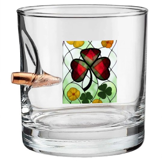 Red plaid Shamrock with Yellow Poppies (AI Art) Bullet Whiskey Glasses