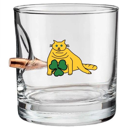Saint Patricks Day Yellow Chonk Cat with Shamrock Bullet Whiskey Glasses