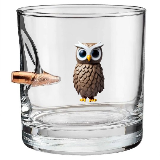 Brown 3D owl illustration Bullet Whiskey Glasses