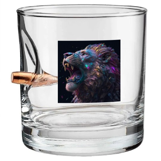 Art a huge cyberpunk lion roaring colorful gems Bullet Whiskey Glasses